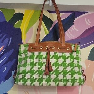 Dooney & Bourke Green Plaid Tote with Brown Trim
